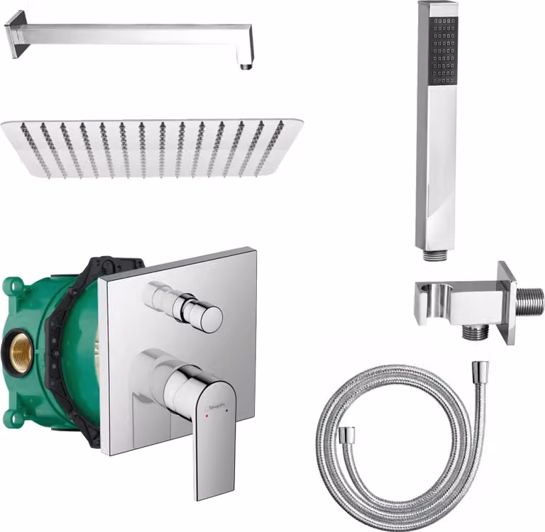 Miscelatore da incasso per vasca Hansgrohe iBox, con doccia a pioggia Belvit, doccetta e flessibile - set di miscelatori per doccia adatto a tutti i miscelatori per vasca e doccia