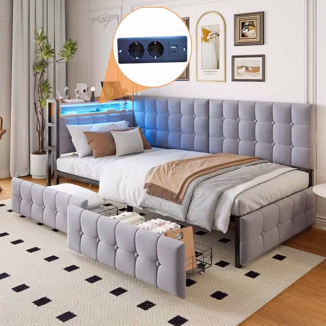 Divano letto singolo 90x200 cm imbottito in velluto grigio con LED; cassetti e prese USB/Type-C