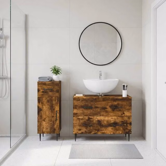 Set di mobili da bagno moderni vidaXL in legno rovere marrone opaco con cassetti e ante, composto da 2 pezzi – 1