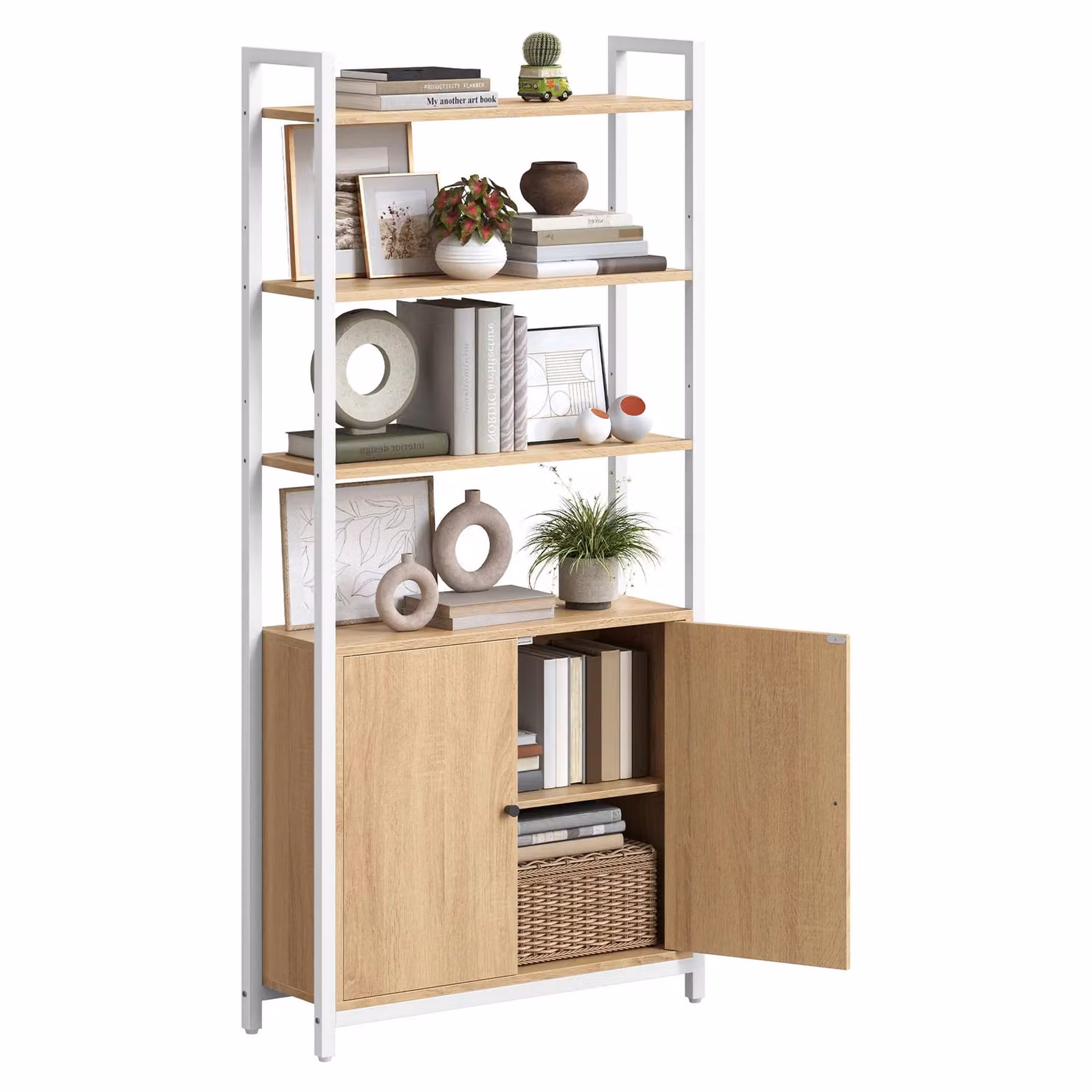 Libreria Scaffale Verticale con Anta Struttura in Metallo Ripiani Regolabili, Rovere / 24 x 60 x 159,5 cm