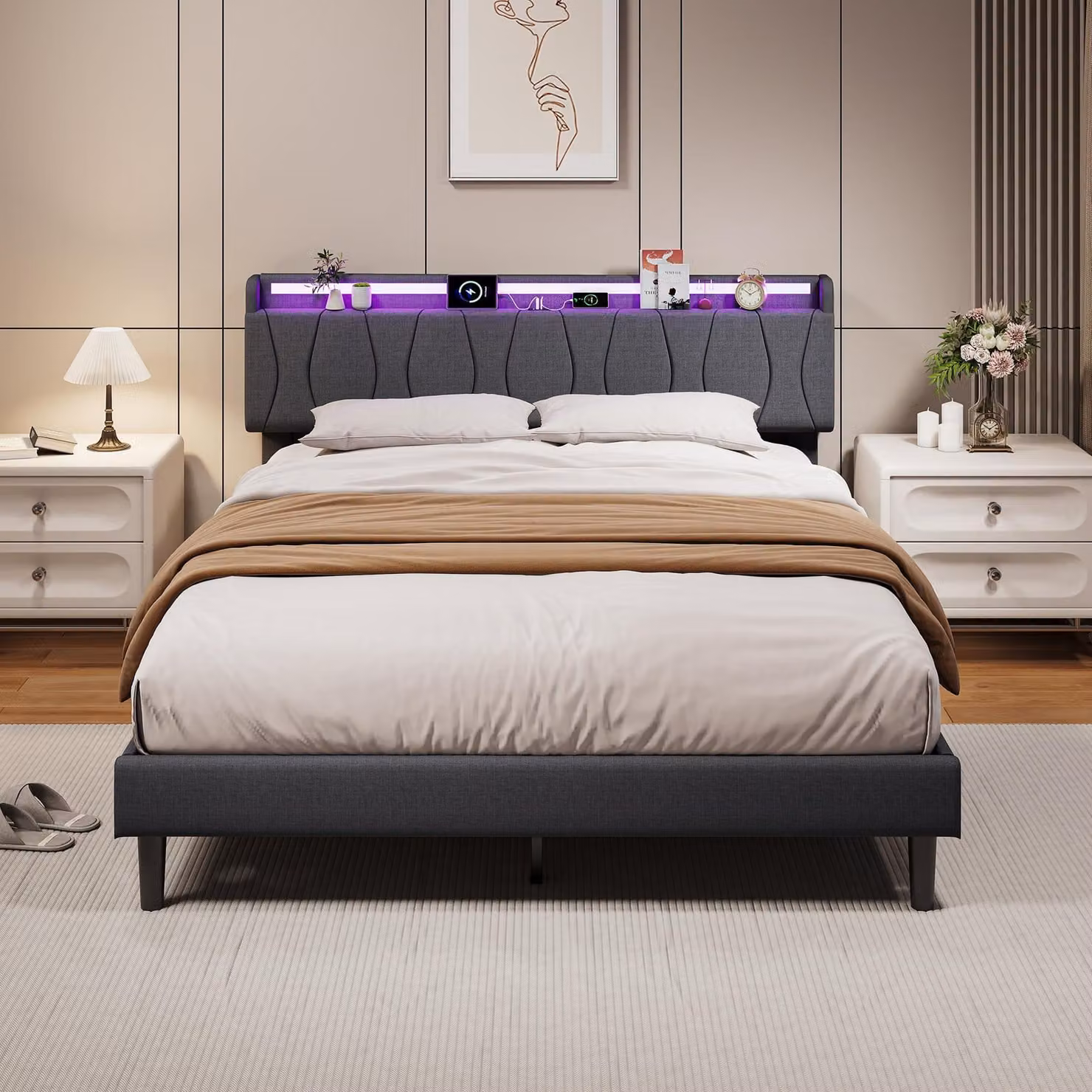 Letto imbottito ProximaX, 140x200 cm, grigio, con struttura LED RGB, porta USB-C, rete a doghe e testiera rivestita in tessuto