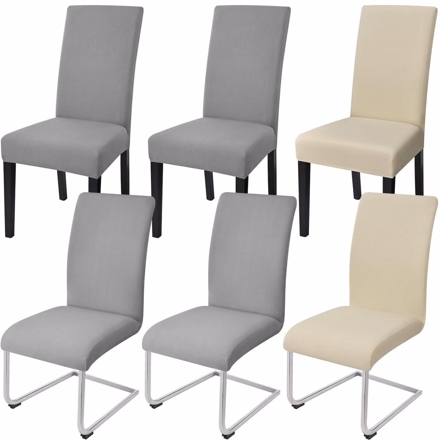 Copri-sedie elasticizzati, set da 6, adatti a sedie a dondolo e sedie girevoli (4 grigio chiaro + 2 beige)