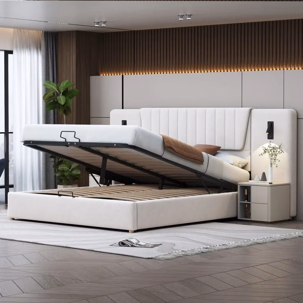 Letto matrimoniale imbottito CIPACHO in velluto beige con base contenitore, luce di lettura integrata, porta USB e mensola laterale, L/P: 180 x 200 cm – 2