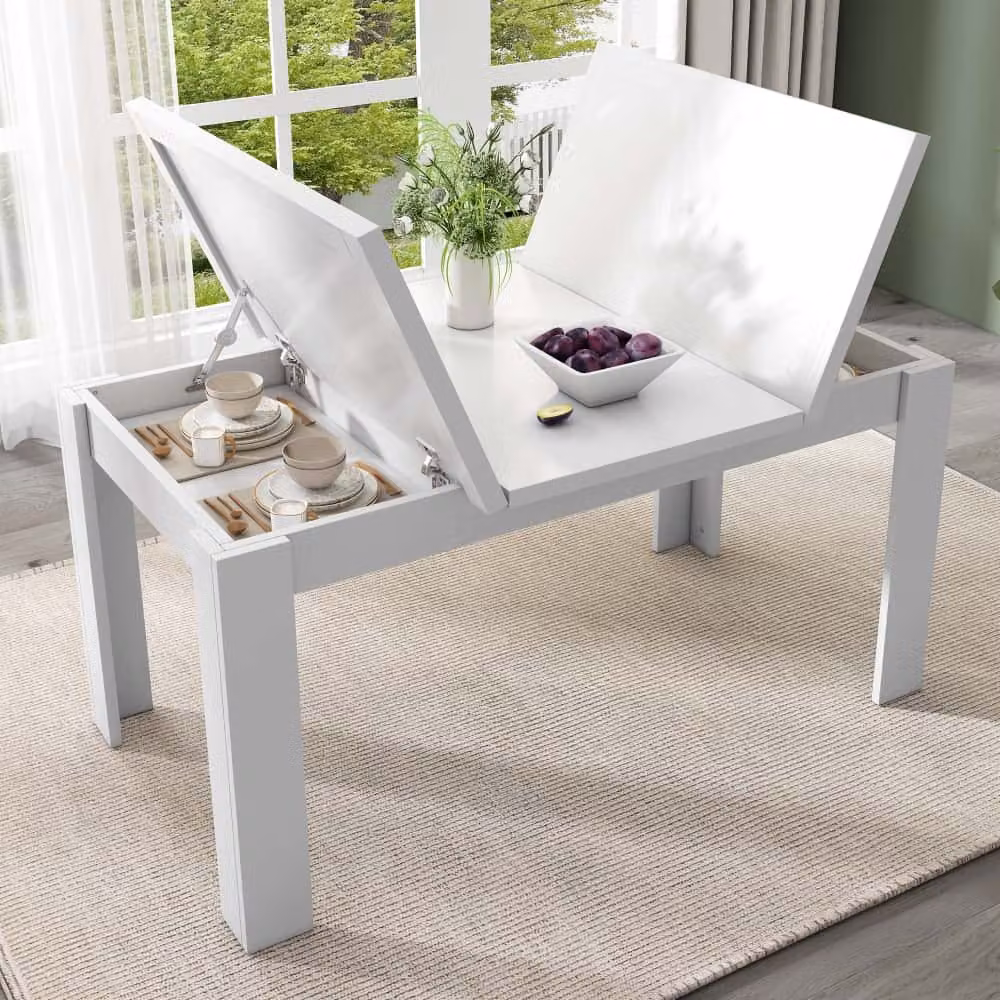 Tavolo da pranzo AIORBER, 120 x 70 cm, con vano portaoggetti nascosto, piano pieghevole, salvaspazio, rettangolare, per soggiorno, sala da pranzo, bianco