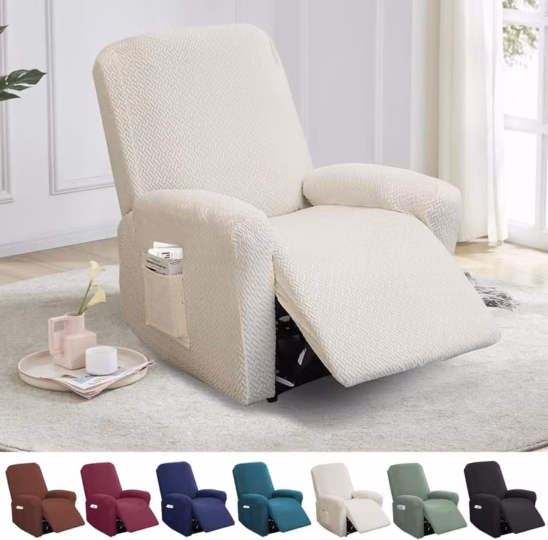 Copertura per poltrona, set di 4 pezzi, in velluto elasticizzato, con tasche, per poltrone da TV
