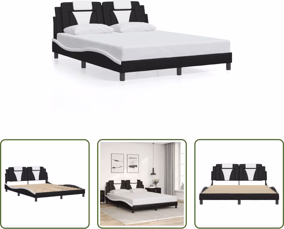 The Living Store Giroletto con testiera bianco e nero 160x200 cm in ecopelle