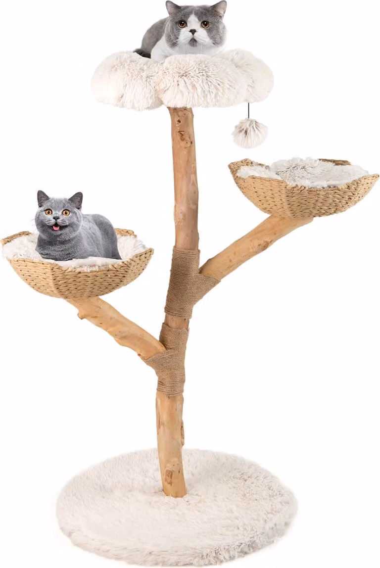COSTWAY Tiragraffi in legno da 122 cm, albero per gatti con seduta in peluche, 2 cesti in rattan, tiragraffi in iuta e pallina, mobili per gatti in legno massiccio, bianco + natura