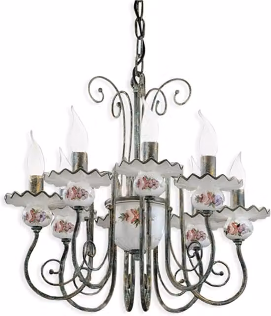 Lampadario Classico Sanremo Ferroluce in Metallo e Ceramica Verde Sfumato e Oro con 8 Luci E14