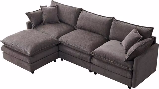 Divano angolare modulare 3 posti in tessuto chenille con chaise longue e pouf, design salvaspazio per soggiorno e area lounge