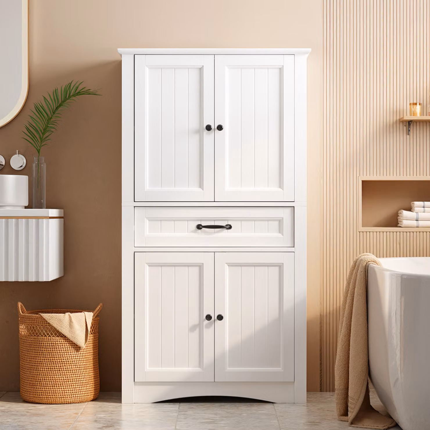 Armadio bagno BEALIFE, 73x130x31 cm, con 4 ante e 1 cassetto | Mobile alto per bagno | Bianco | AP68
