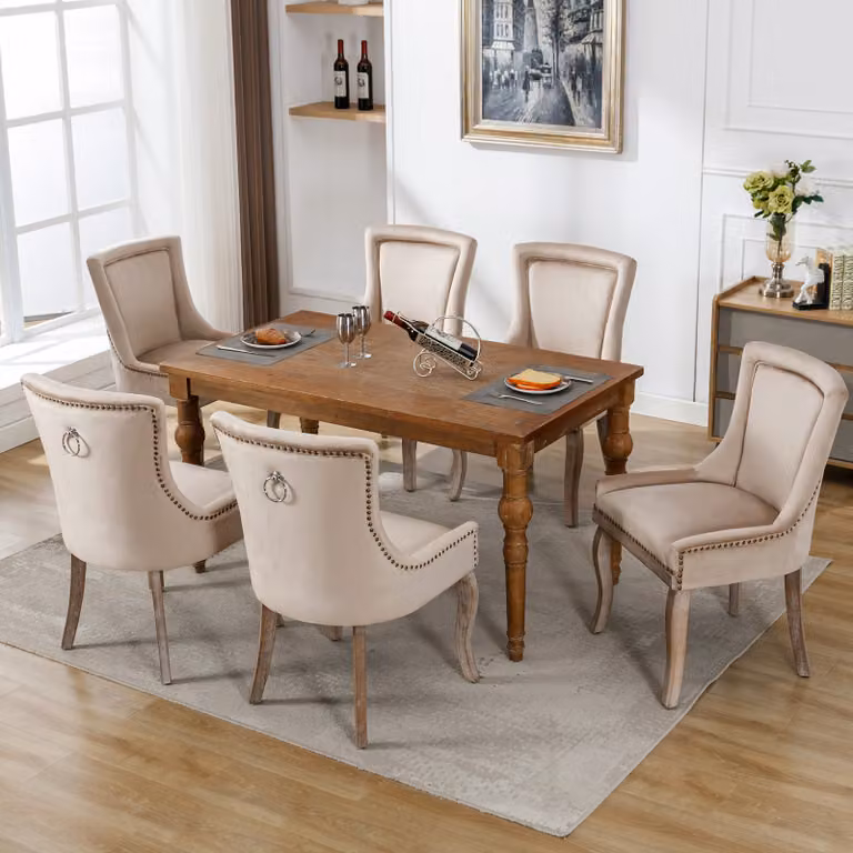 Set di 6 sedie da sala da pranzo Flieks, sedie da cucina imbottite con gambe in legno massiccio, sedia da sala da pranzo con rivestimento in velluto, beige