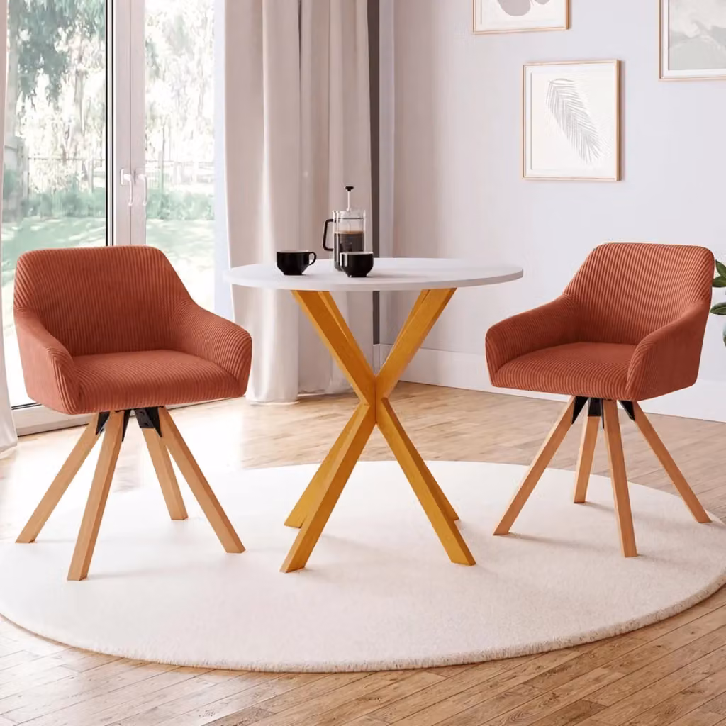 Set di 2 sedie girevoli a 360 IDMarket JANY in velluto a coste color arancione con base in legno per sala da pranzo, cucina o ufficio – 2