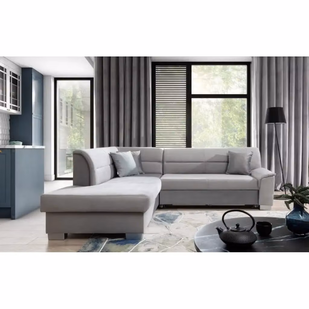 Divano letto angolare TROMSO MEUBLORAMA grigio effetto velluto con contenitore e angolo sinistro L/P/H: 247 x 141 x 83 cm – 2