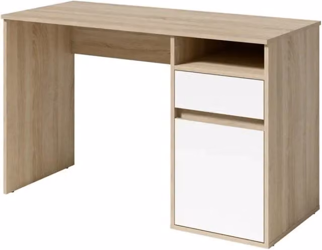 Scrivania BILOU in rovere e bianco - 1 cassetto, 1 porta e 2 nicchie - Design bicolore e spazi di stoccaggio pratici