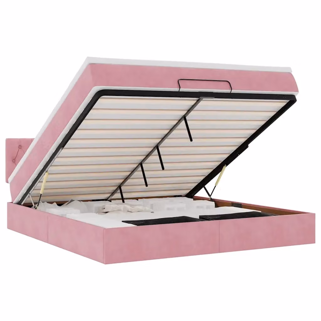 Letto con contenitore a sollevamento vidaXL in velluto rosa e bianco L 160 x P 200 cm – 2