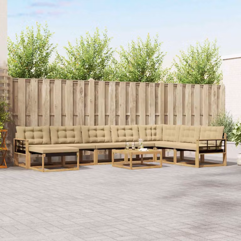 vidaXL Set di divani da esterno 9 pz a forma di U in legno di acacia con cuscini bianchi e beige