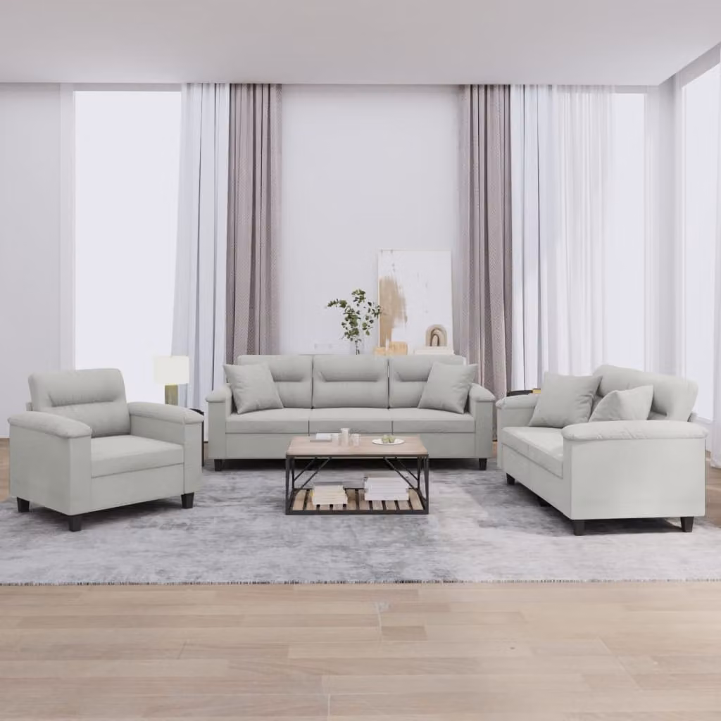 Set di divani vidaXL da 3 pezzi in microfibra grigia con cuscini per soggiorno in stile moderno – 1