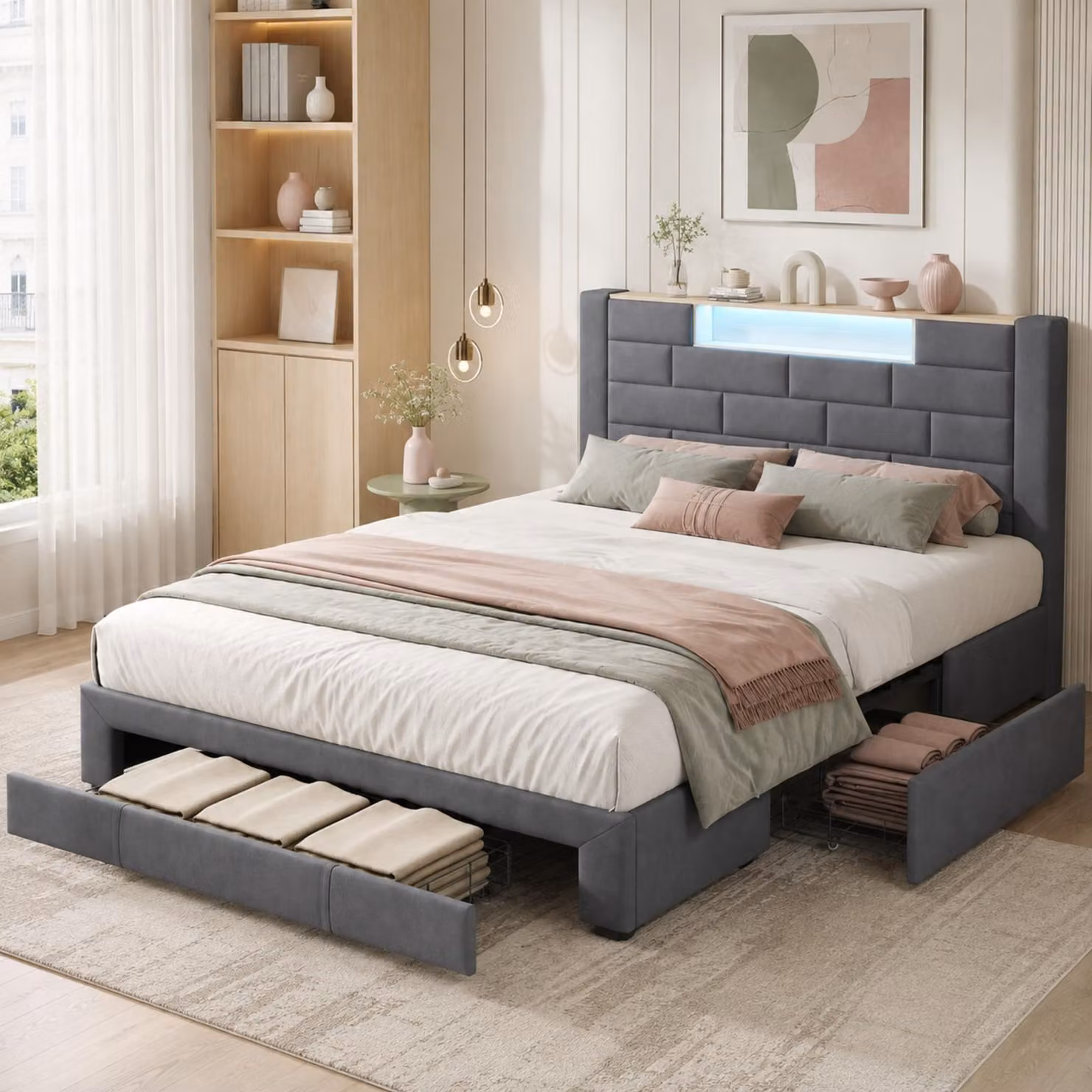 Letto a castello per giovani, dimensioni 140x200 cm, letto imbottito con LED e porta USB Type-C, letto contenitore con 3 cassetti, struttura del letto con rete a doghe, tessuto velluto grigio