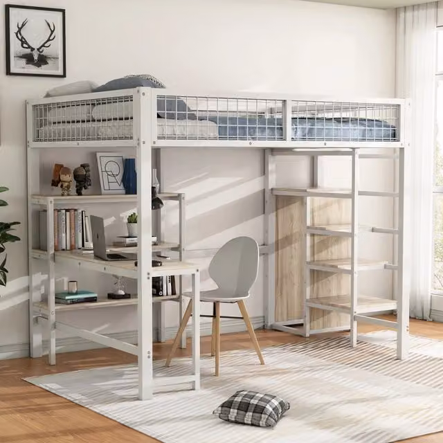 Letto a soppalco 140 x 200 cm in metallo, scaletta portaoggetti, mensole, senza materasso, armadio a incasso, scrivania - Bianco