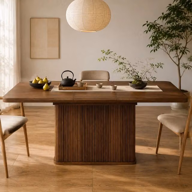 Tavolo da pranzo estensibile 140-180 x 80 cm con vano contenitore; MDF e metallo; marrone