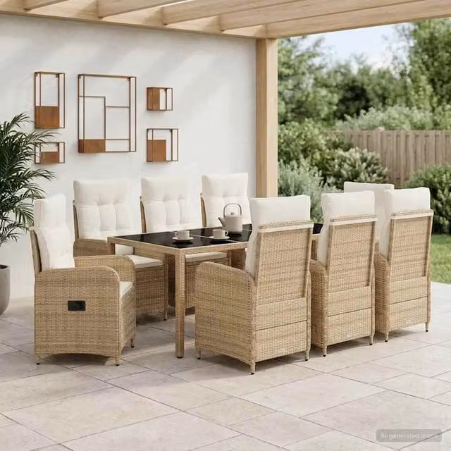 Set da pranzo per esterni vidaXL in polyrattan con piano in vetro, 9 pezzi, Beige e Bianco
