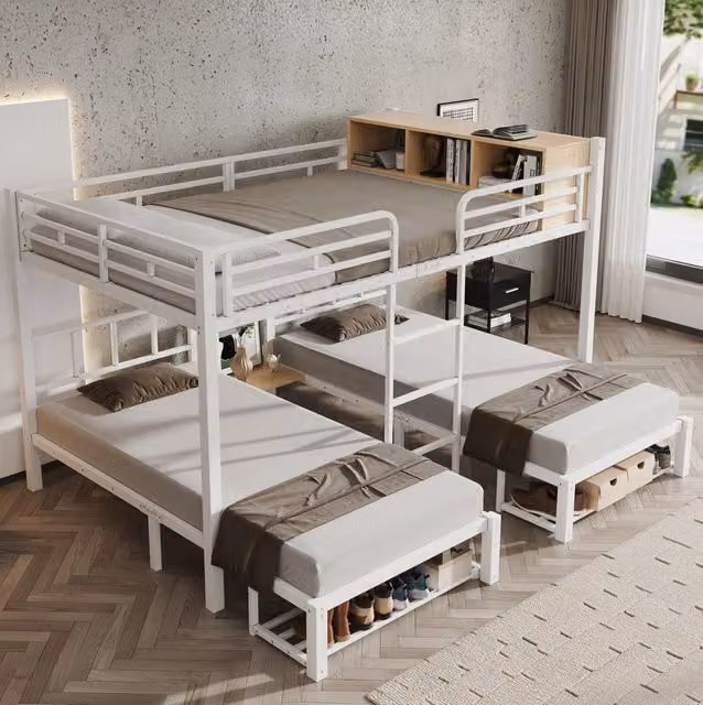 Etagenbett con 3 posti letto 140x200/90x200 cm; bianco e naturale; in metallo e legno