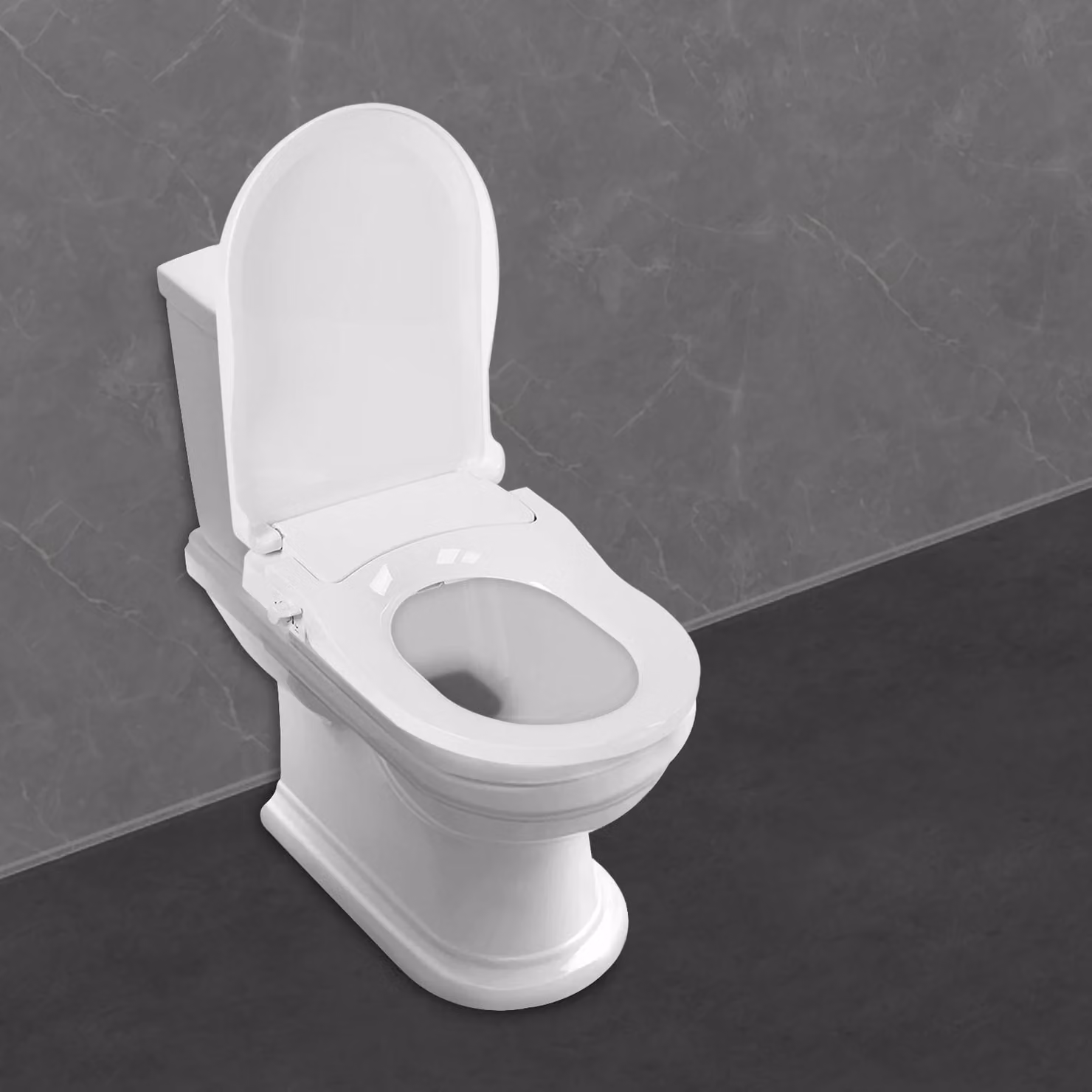Sedile WC con bidet - Forma a D - 2 ugelli (per la zona intima e per il fondoschiena) - 3 fori di scarico - Interasse 11,5–16,5 cm - PP - Bianco