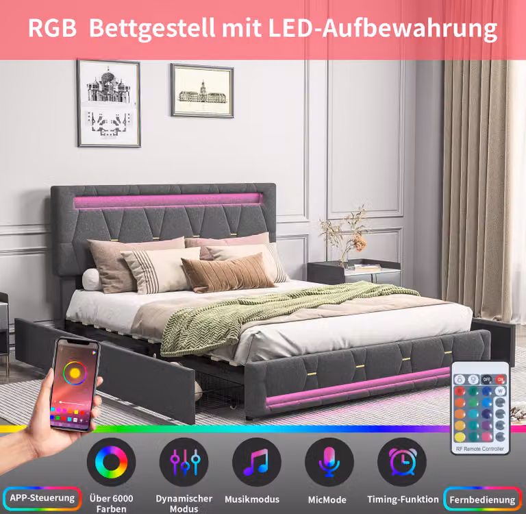 Letto imbottito ProximaX 160x200cm, letto per ragazzi letto matrimoniale con 4 cassetti, letto contenitore letto in legno massiccio con LED e rete a doghe, lino, grigio