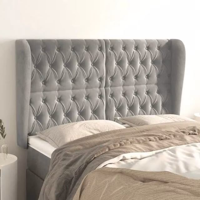 Testiera ad orecchio vidaXL in velluto grigio con struttura in legno e MDF, L: 163 cm, P: 23 cm, H: 118/128 cm – 1