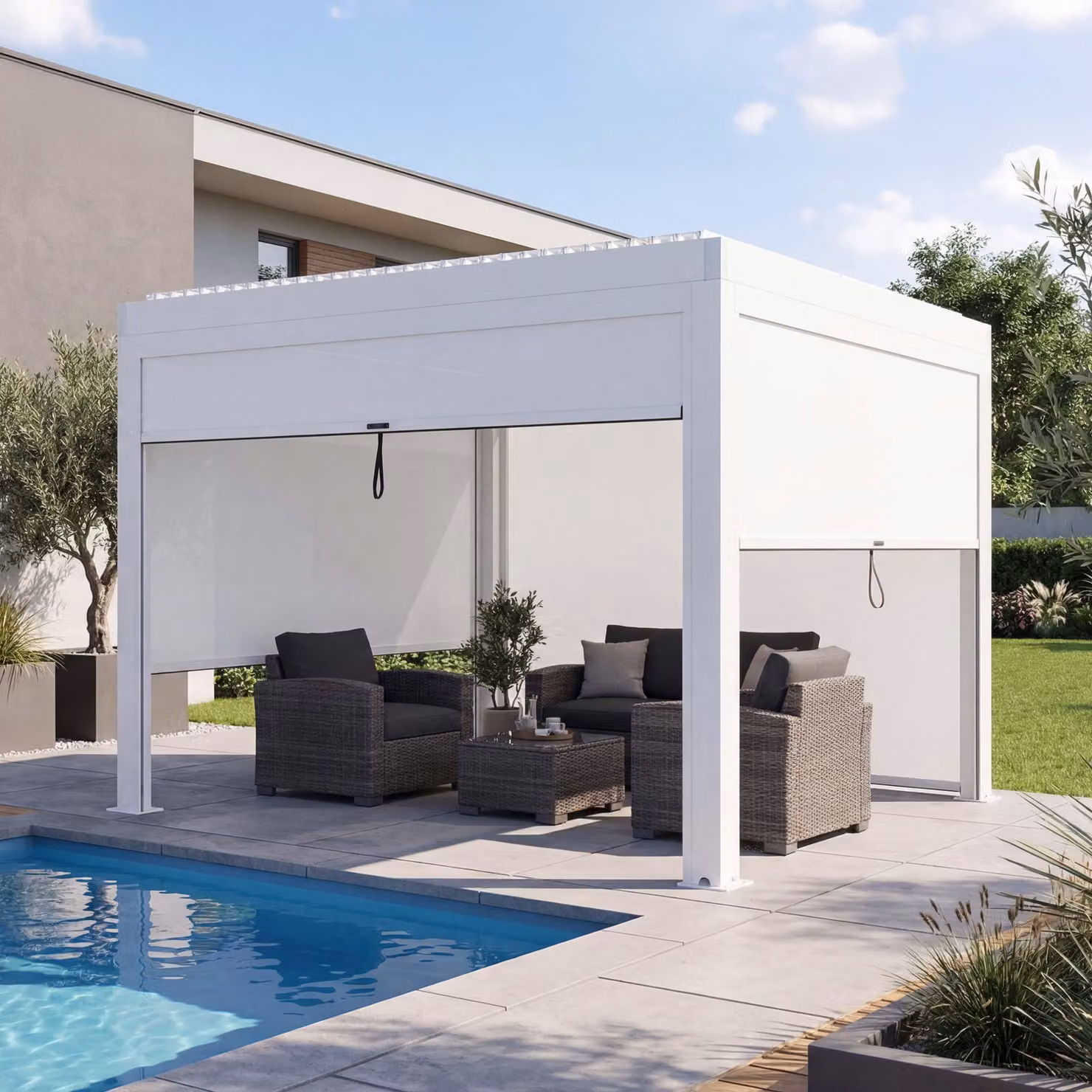 Pergola MCW-L46 con parete laterale, gazebo da giardino Gazebo a lamelle Tenda a rullo, telaio in alluminio da 11 cm, resistente alle intemperie 3x3 m ~ bianco