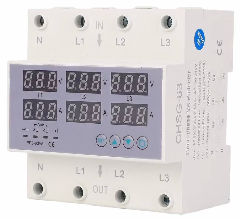 Misuratore di tensione e amperometro a 3 fasi, per montaggio su guida DIN, per tensioni AC da 390 a 500V e correnti da 63A