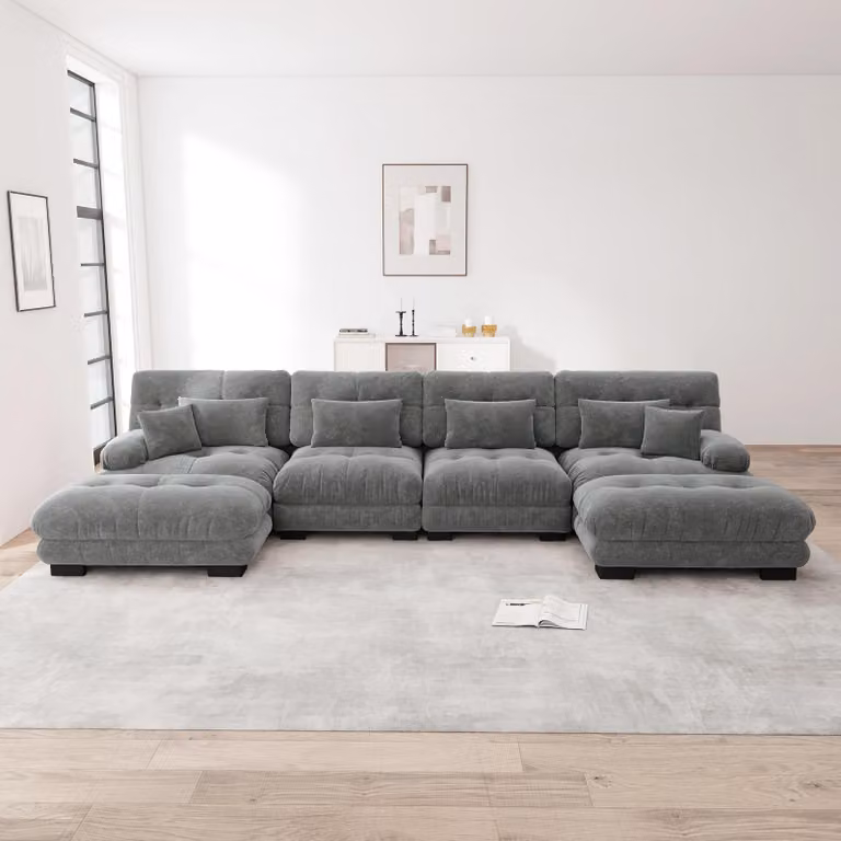 Divano angolare componibile Sweiko, set di divani a U per il soggiorno, comodo divano a nuvola a 4 posti con pouf mobile, combinazione fai da te, ciniglia, grigio