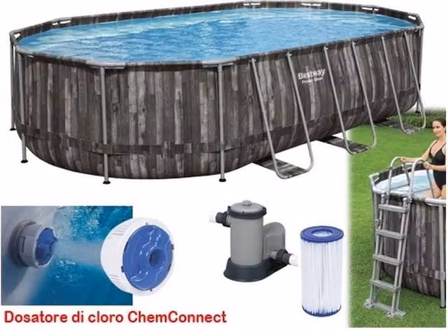 Piscina Fuori Terra Ovale Bestway Power Steel 5611R con Kit Completo colore Legno Scuro L: 610 cm, P: 366 cm, H: 122 cm