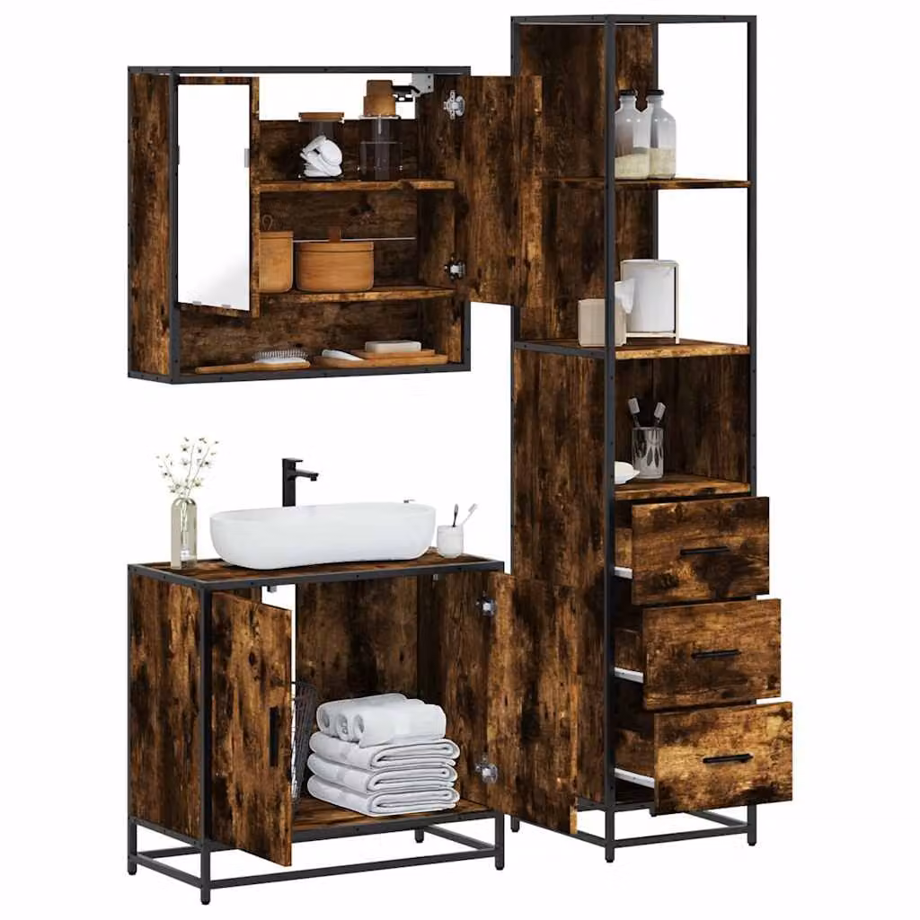 Set di mobili da bagno industrial vidaXL in legno e metallo marrone composto da mobile lavabo, armadietto alto e pensile con specchio L/P/H: 60 x 33 x 65 cm