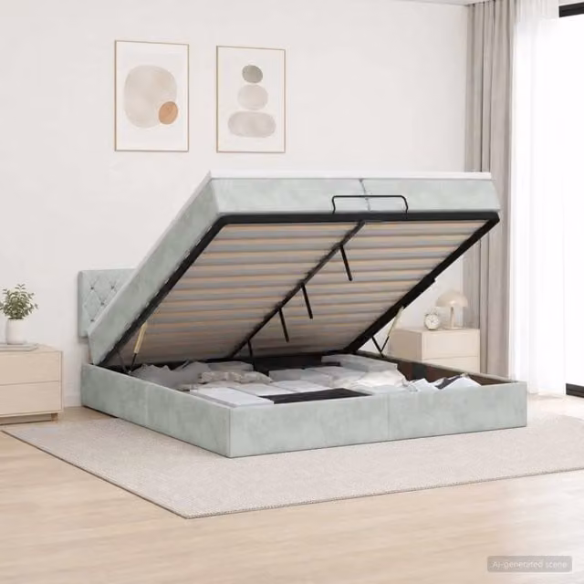 Letto matrimoniale con contenitore a sollevamento vidaXL in velluto grigio L: 200 cm, P: 200 cm, H: 203 cm