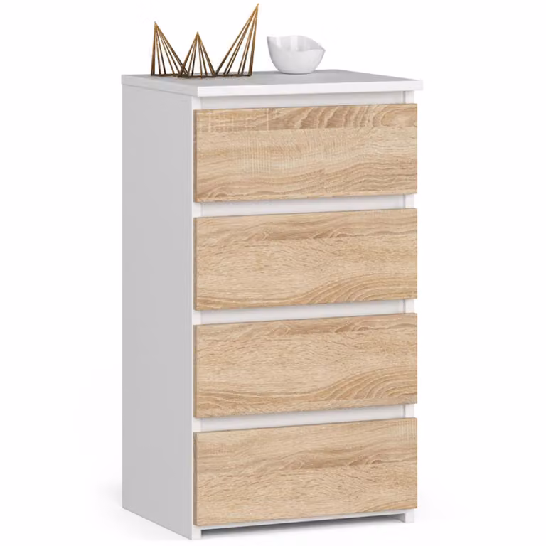 Comò elegante CL4 in rovere bianco e Sonoma con 4 cassetti 40 cm di larghezza 74 cm di altezza 35 cm di profondità
