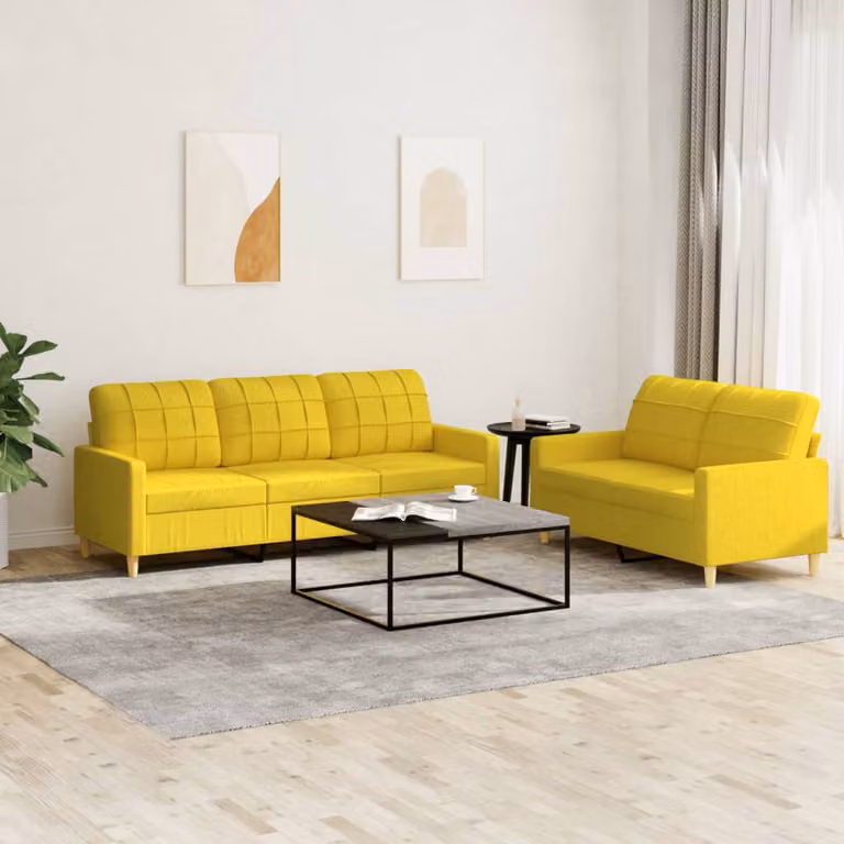 Set di Divani vidaXL Moderno in Tessuto Giallo con Cuscini, Composto da un Divano a 2 Posti e un Divano a 3 Posti