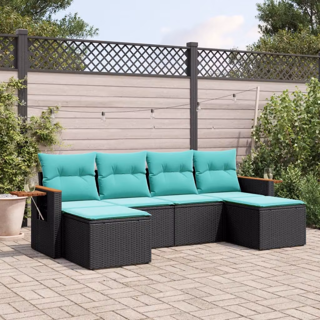 Set Divano da Giardino a L vidaXL 6 pz in Polyrattan con Cuscini Imbottiti e Coperture Rimosse Nero