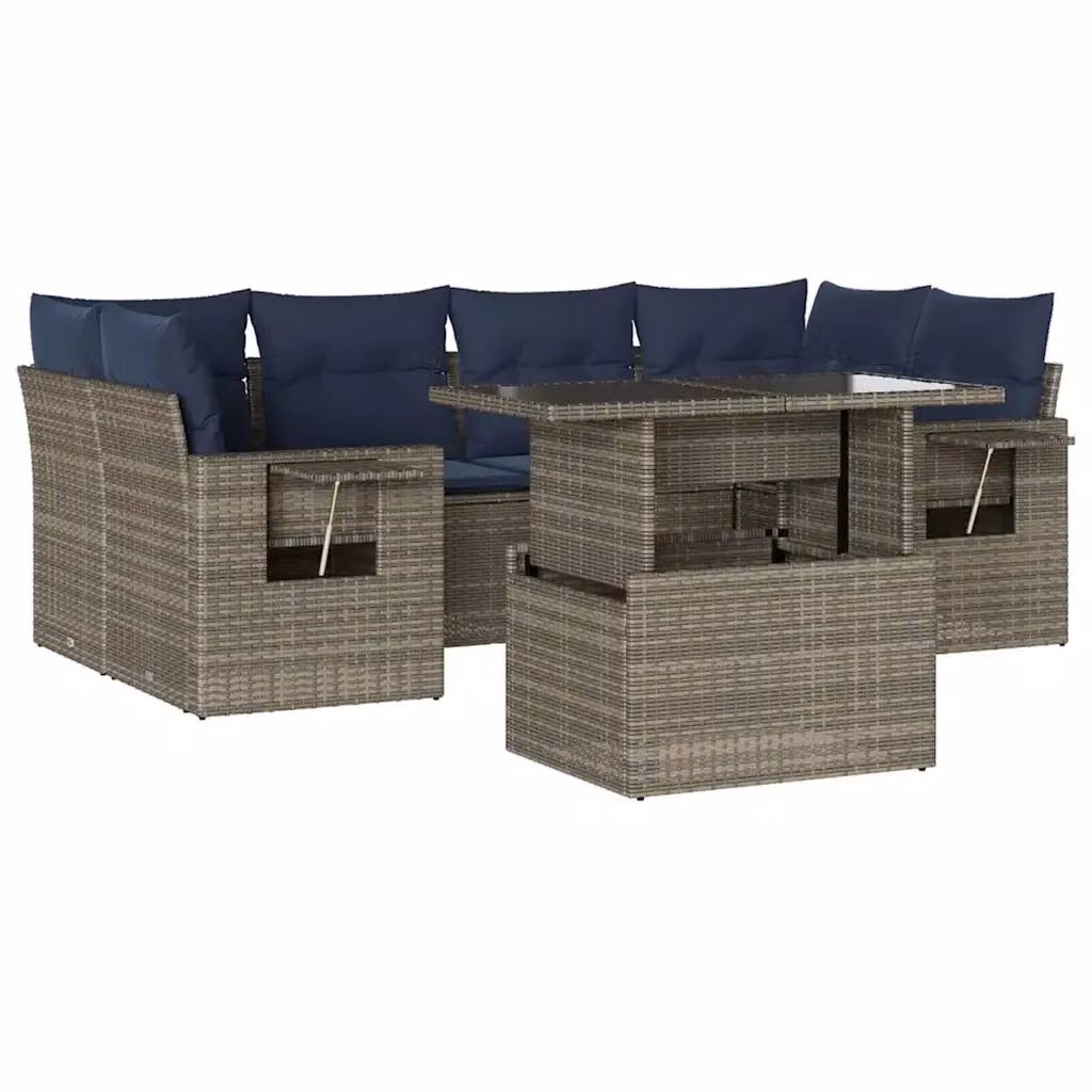 Set da giardino moderno vidaXL composto da 7 pezzi con divano a 3 posti, elementi angolari, tavolino da caffè e cuscini in tessuto blu e grigio con struttura in metallo e rattan – 2