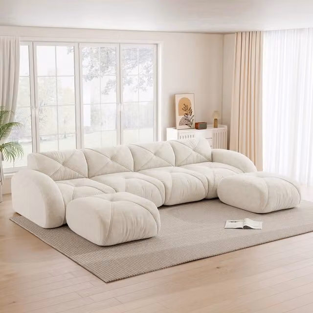 Divano modulare senza struttura a configurazione flessibile in ciniglia beige chiaro