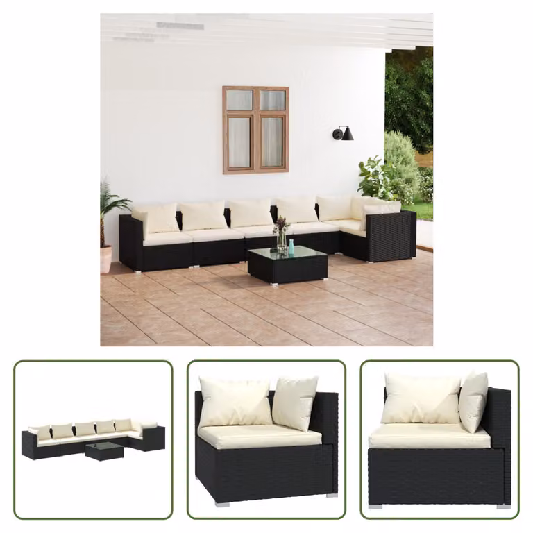 The Living Store Set da giardino 7 pezzi con cuscini in poly rattan nero