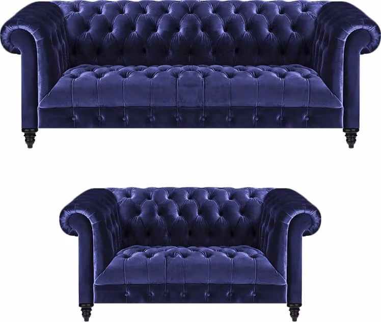 Chesterfield Design Luxus Polster Blau 2x Sofas Couch Sitz Garnitur Wohnzimmer