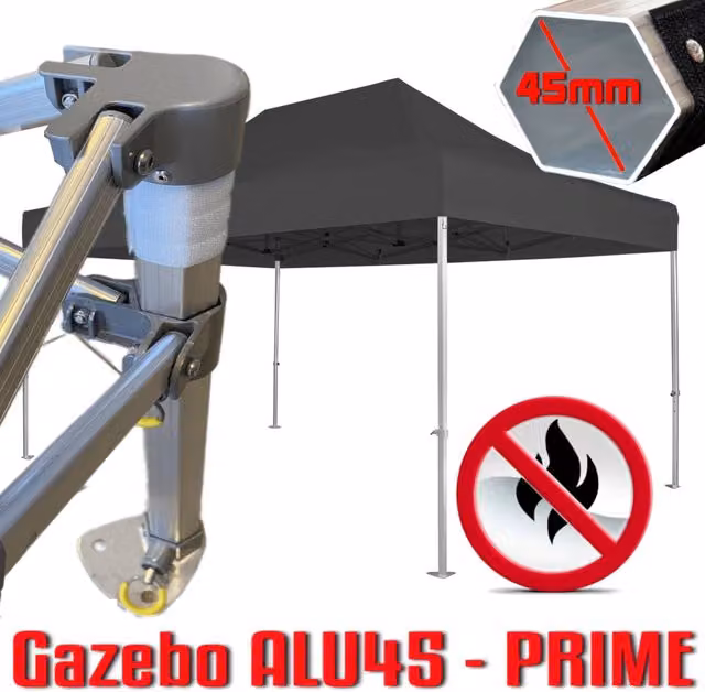 Gazebo 3x4,5 m nero certificato IGNIFUGO SENZA laterali pieghevole alluminio piantone esagonale 45mm portatile estendibile richiudibile estensibile acciaio per fiere eventi stand chiosco tenda tendone mercato mercatino