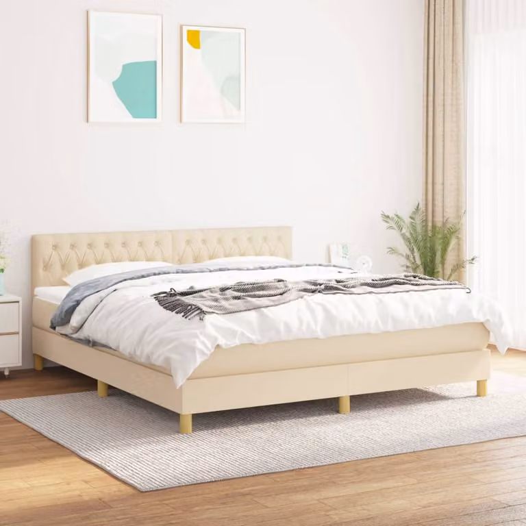 vidaXL Giroletto a Molle Ibrido con Materasso in Tessuto Beige e Bianco L/P: 180 x 200 cm