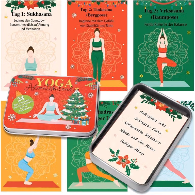 Calendario dell'Avvento per donne, confezione in metallo, set di carte per 24 giorni di relax e yoga
