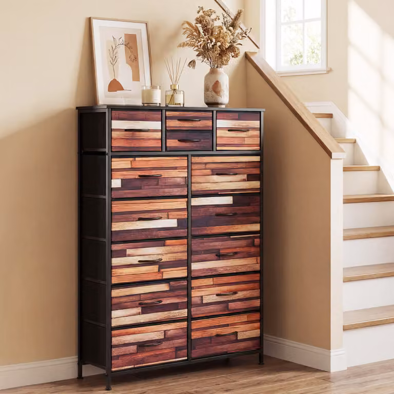 Cassettiera Costway con 14 cassetti pieghevoli in legno Nero per camera da letto, salotto o ingresso, L 85 cm x P 30 cm x H 120 cm