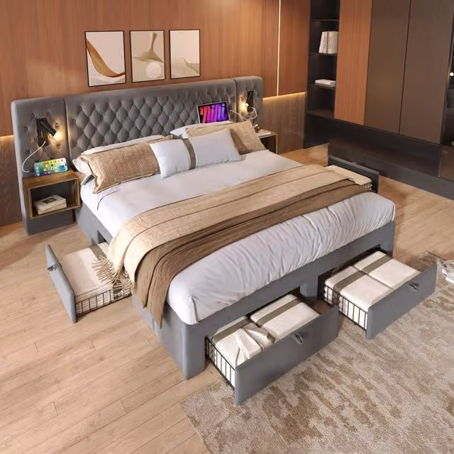 Letto Contenitore REDOM in Velluto Grigio con Cassetti, Luci di Lettura Integrate e Porte USB/Type C, L/P: 160 x 200 cm
