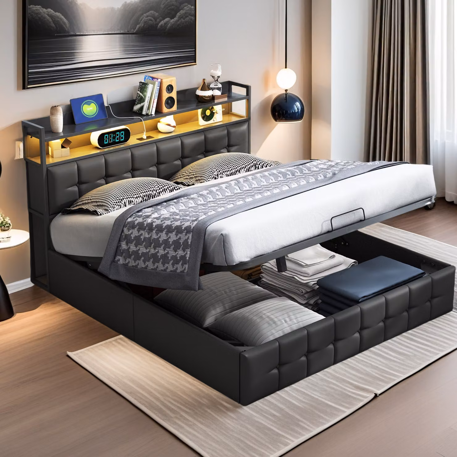 UnboxG letto imbottito 160x200cm con connessione di ricarica USB e Type-C, letto matrimoniale giovanile con LED, letto contenitore idraulico con rete a doghe, PU, nero