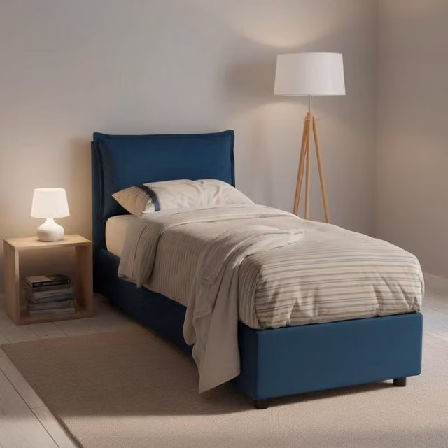 Letto singolo contenitore Abroghat Talamo Italia con rivestimento in tessuto blu, adatto per materasso 90x200 cm