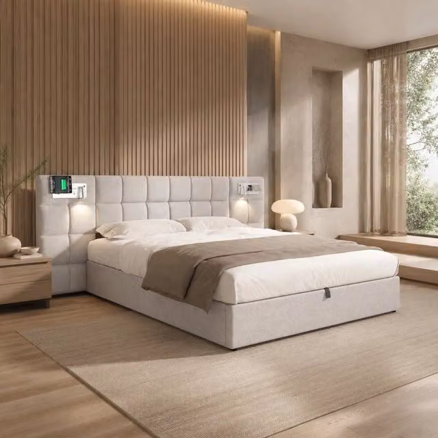 Letto con contenitore Mivray con ricarica USB, luce integrata e testiera imbottita in lino grigio, L/P: 180 x 200 cm